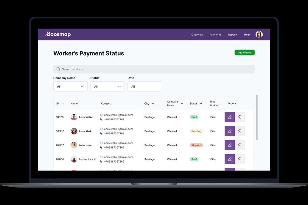 Boosmap worker payment status dashboard on a laptop