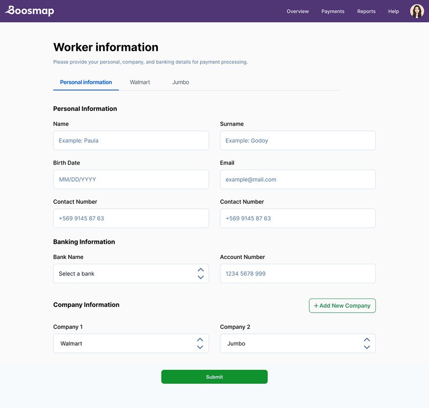 Worker information after the redesign, organised into tabs