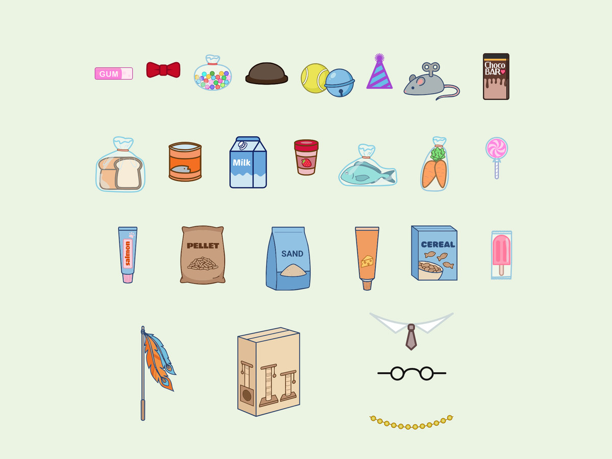 Shop items: gum, candy, bread, tuna, milk, fish, carrots, salmon paste, pellets, sand, cereal, a popsicle, toys, a scratching post and accessories like a bow tie, hats, glasses, a collar and pearls