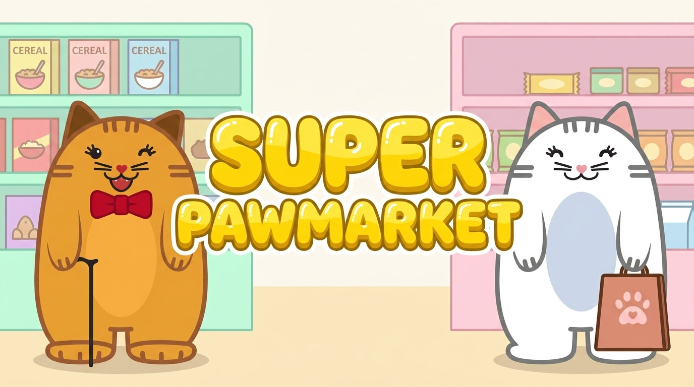 Super Pawmarket title art: an orange cat with a red bow tie and a white cat holding a shopping bag, in a pastel supermarket