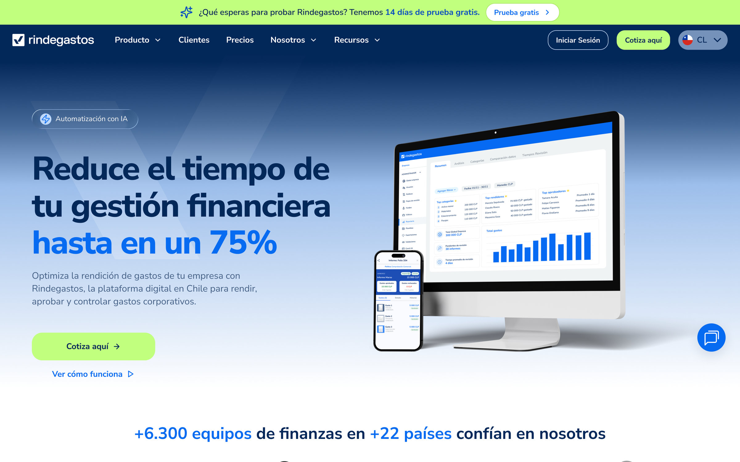 Rindegastos redesigned homepage