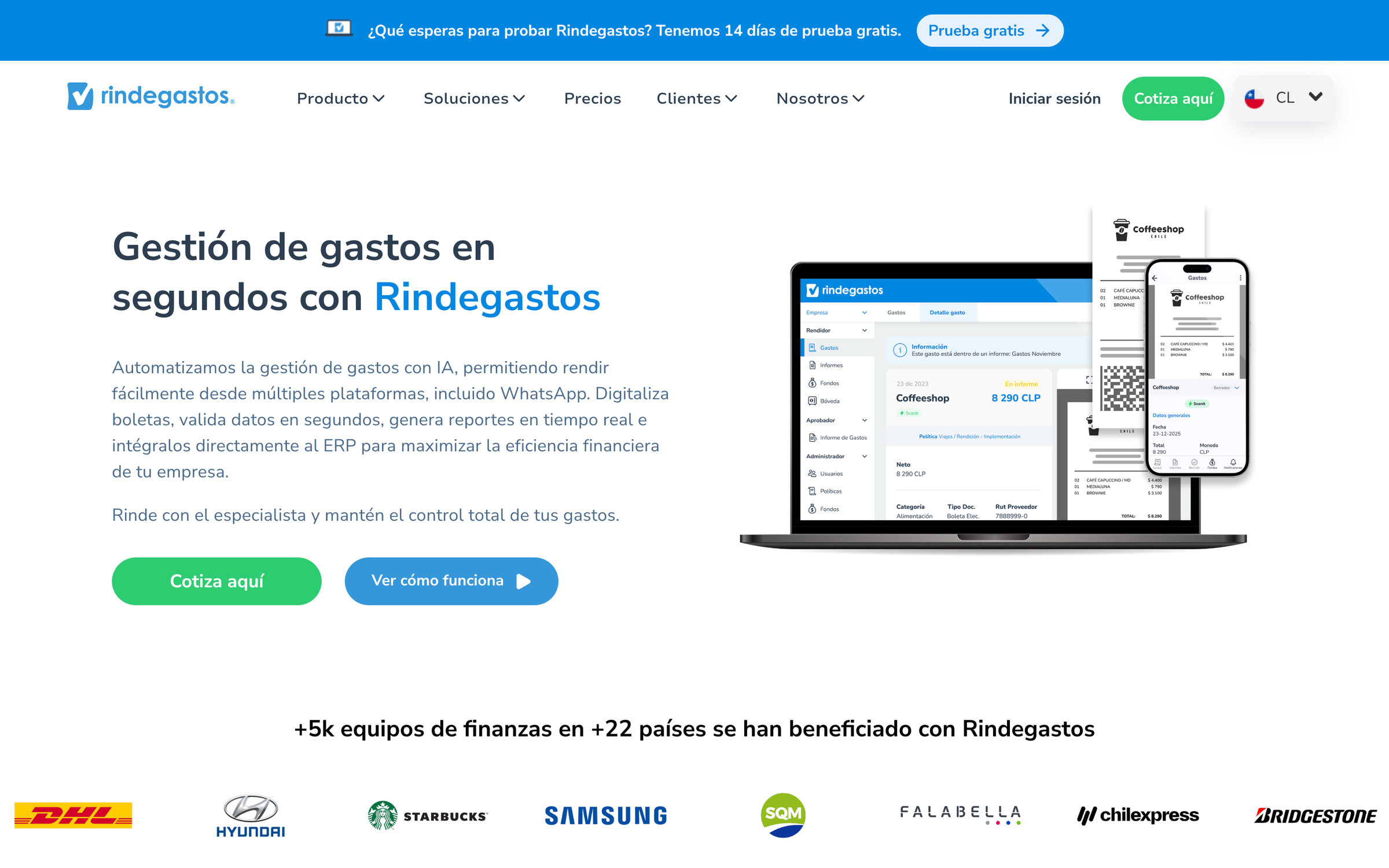 Rindegastos homepage hero before the redesign