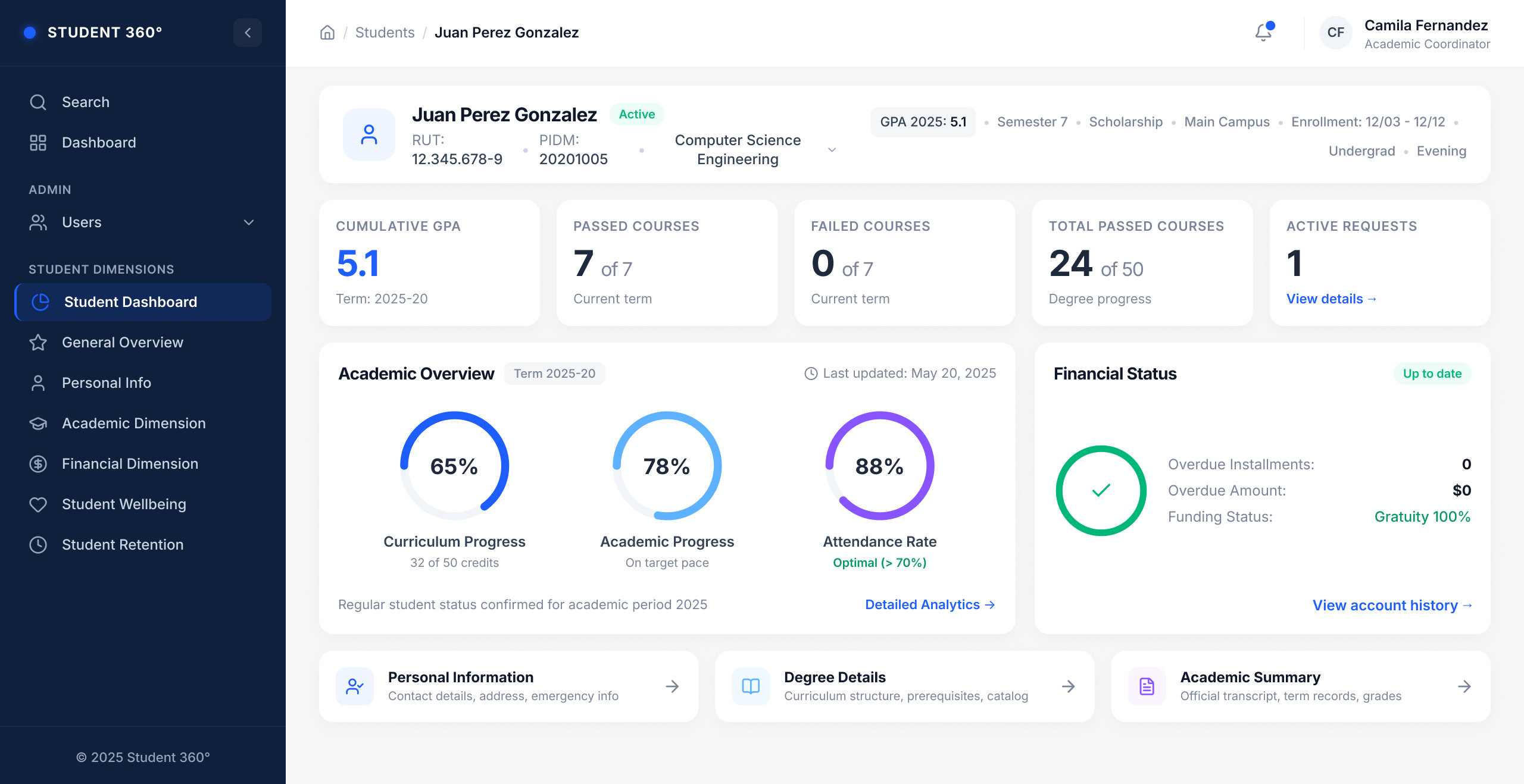 UDLA Student 360° platform: student dashboard with GPA, courses, curriculum progress, attendance and financial status